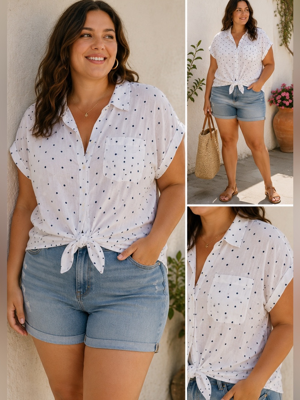 Old Navy Linen Blend Tie Front Polka Dot CottageCore Spring Blouse Size XXL